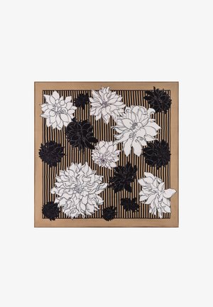 Floral scarf in beige and black, featuring large, outlined flowers with intricate details against alternating black stripes. Smooth texture.