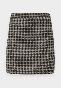 Mini falda a cuadros en negro y beige con un tejido texturizado y una cinturilla suave, que presenta un ajuste estructurado y un diseño sencillo.