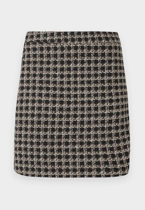 Zwart en beige geruite minirok met een textuurweving en een gladde tailleband, met een gestructureerde pasvorm en eenvoudig ontwerp.