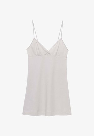 Jasnoszara, bezrękawnikowa sukienka typu slip z cienkimi regulowanymi ramiączkami i subtelnym koronkowym wykończeniem przy dekolcie w kształcie litery V.
