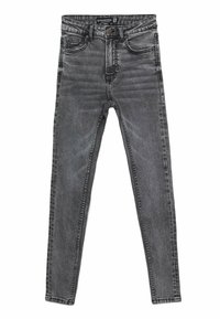 Jeans de mezclilla negra ajustados con una textura desvanecida, cinco bolsillos, costuras visibles y un cierre de botón metálico en la cintura.