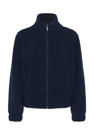 Tumesinise fliisiga lukuga jope kõrge kraega, elastsete varrukaotsade ja kahe eesmise taskuga, mõeldud soojuse ja mugavuse tagamiseks.