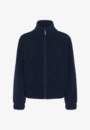 Veste zippée en polaire bleu marine avec col montant, poignets élastiques et deux poches avant, conçue pour la chaleur et le confort.