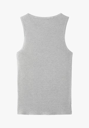 Hellgraues geripptes ärmelloses Tanktop mit breiten Trägern und rundem Ausschnitt, von hinten auf weißem Hintergrund gezeigt.