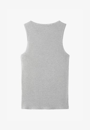 Hellgraues geripptes ärmelloses Tanktop mit breiten Trägern und rundem Ausschnitt, von hinten auf weißem Hintergrund gezeigt.