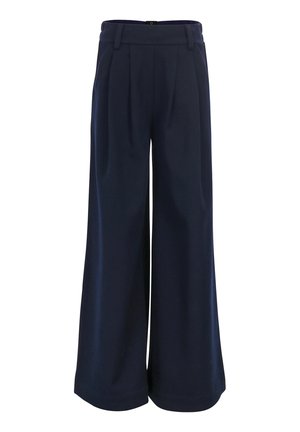 Navyblauwe broek met wijde pijpen, voorplooien, ceintuurlussen en een hoge taille.