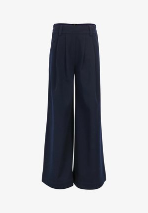 Navyblauwe broek met wijde pijpen, voorplooien, ceintuurlussen en een hoge taille.