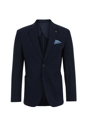 Navy blue jacket with a textured fabric, two front pockets, and a patterned pocket square. Includes two buttons and a wide collar design.