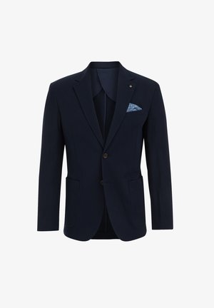 Marineblaues Jackett aus strukturiertem Stoff, mit zwei Vordertaschen und einem gemusterten Taschen Quadrat. Enthält zwei Knöpfe und ein breites Kragen Design.