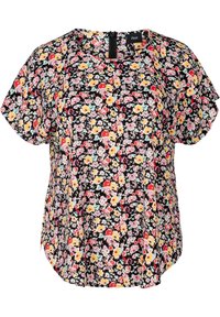 Černá blůza s krátkým rukávem, multibarevným květinovým vzorem, kulatým výstřihem a zapínáním na zip vzadu.