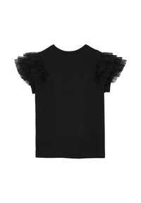 T-shirt nera con maniche di tulle arricciate. Il corpo ha una texture liscia, con un classico scollo rotondo e vestibilità standard.