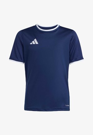Mornarsko plava atletska majica s bijelim okovratnikom i porubima na rukavima, s Adidas logotipom u bijeloj boji na lijevoj strani prsnog koša. Sintetički materijal, prozračan dizajn.