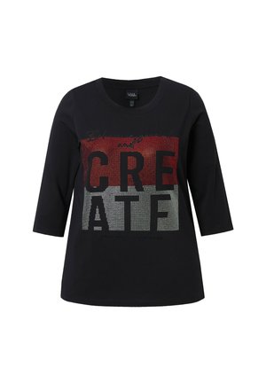 Maglietta in cotone nera con scollatura rotonda e maniche a tre quarti. Presenta la scritta "CREATE" in lettere di paillettes, con accenti rossi e argentati.