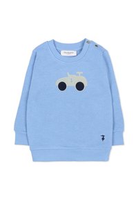 Felpa azzurra chiara in tessuto morbido, con un disegno di trattore verde pallido e dettagli blu navy. Include bottoni sulle spalle per una facile vestibilità.