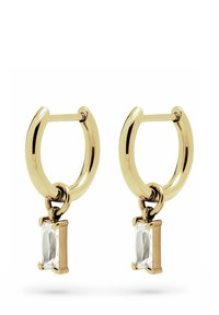 Guldörrhängen har en rektangulär klar ädelstenpendant, som visar en polerad yta och en liten, säker gångjärnsdesign.