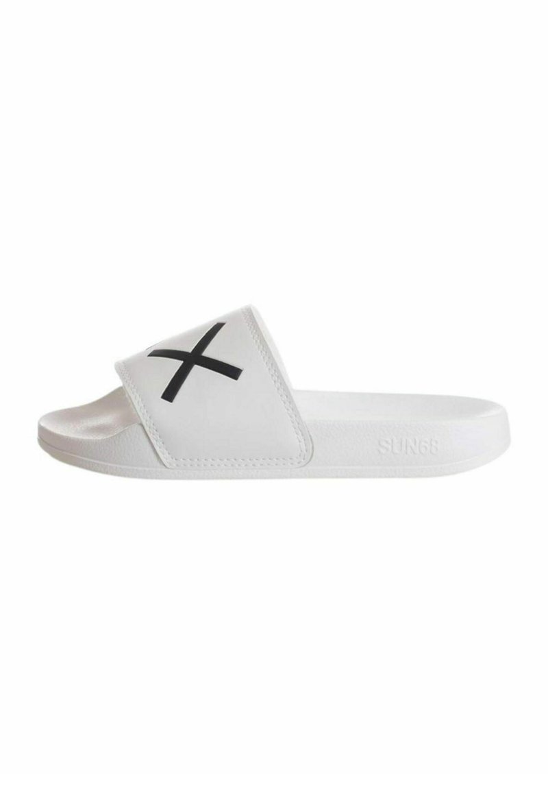Infradito bianchi con un logo "X" nero sulla fascia, realizzati in materiale sintetico liscio e con suola bianca testurizzata per una migliore presa.