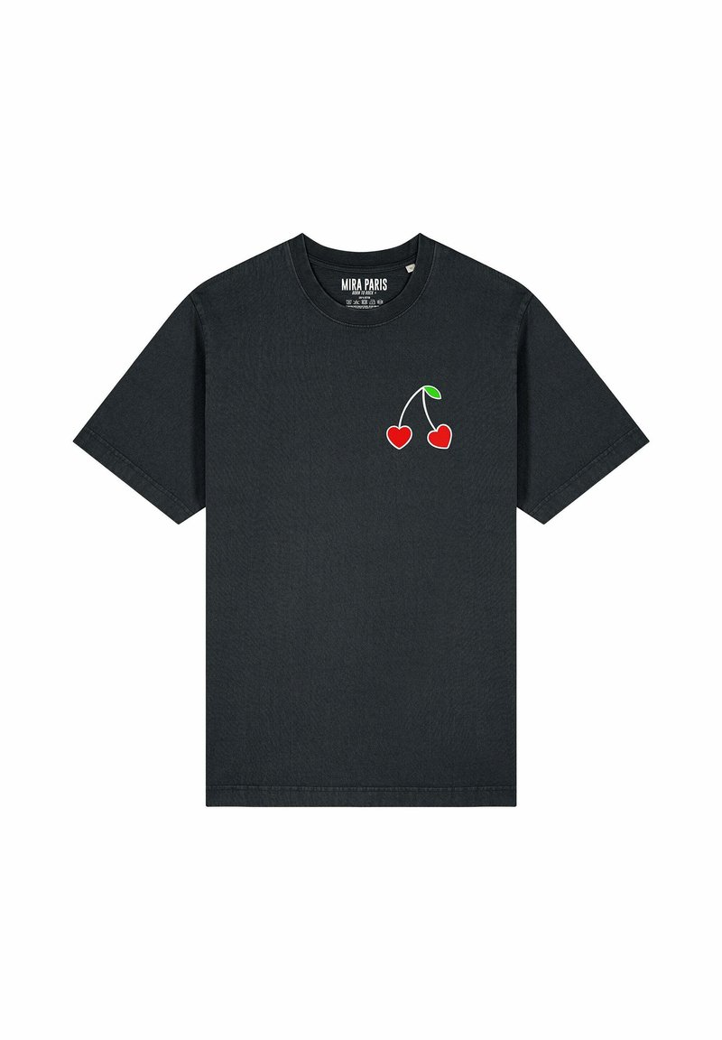 T-shirt en coton noir avec un motif de cerise rouge et une feuille verte, col rond et manches courtes. Design simple et décontracté.