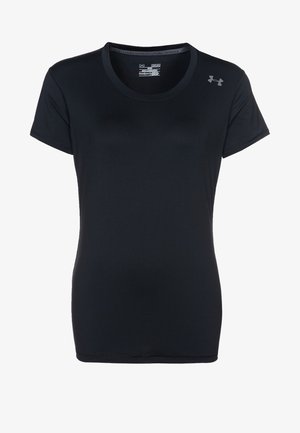 Czarna sportowa koszulka Under Armour z krótkim rękawem, okrągłym dekoltem i logo na górnej lewej części klatki piersiowej.