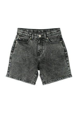 Mustad happepesuga teksapüksid ees nööp, tõmblukuga sulgumine, vöökinnituste ja viie taskuga mustril valgel taustal.