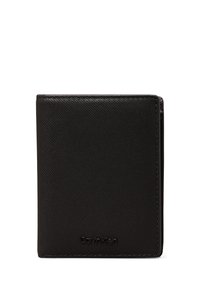 Billetera bi-fold negra en cuero texturizado, con logo en relieve y bordes limpios. Diseño compacto con detalles de costura mínimos y apenas visibles.