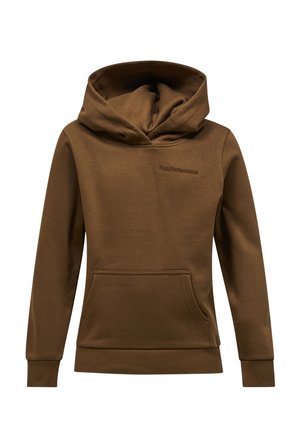 Sweat à capuche marron avec poche avant et logo discret "Peak Performance" sur la poitrine, présenté sur fond blanc.