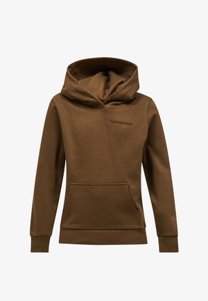 Bruine hoodie met voorzak en subtiel "Peak Performance" logo op de borst, weergegeven tegen een witte achtergrond.