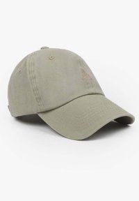 Khaki baseball cap made of cotton, featuring an embroidered design on the front, curved brim, and adjustable back strap.