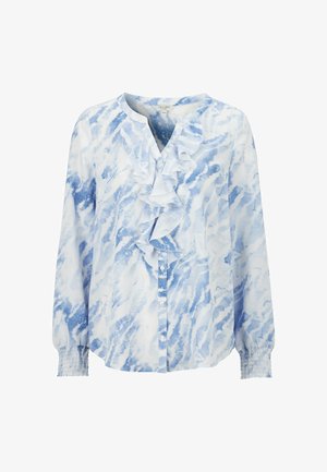 Blå og hvidt mønstret bluse med rynket V-udskæring, lange ærmer med smockdetalje ved håndleddet og knaplukning foran.