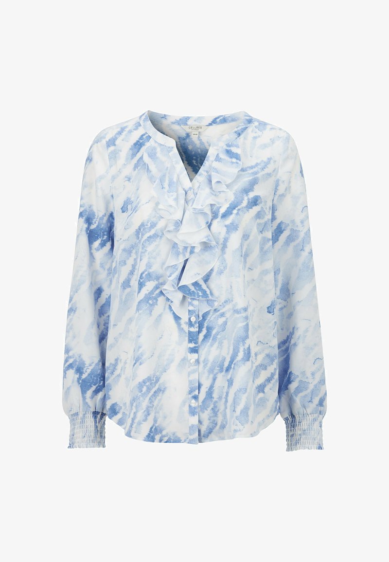 Blå og hvidt mønstret bluse med rynket V-udskæring, lange ærmer med smockdetalje ved håndleddet og knaplukning foran.