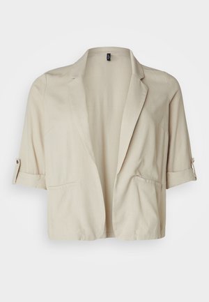 Μπεζ κοντό σακάκι φτιαγμένο από ελαφρύ ύφασμα, με κουμπωτό γιακά, κυλιόμενα μανίκια και δύο μπροστινές τσέπες. Λείος υφή.