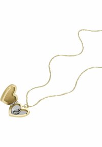 Collier pendentif en forme de cœur en or avec une chaîne fine, présentant une surface intérieure réfléchissante. S'ouvre pour révéler une petite image à l'intérieur.