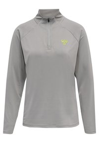 Pullover grigio chiaro a maniche lunghe con mezza zip, realizzato in materiale morbido; presenta un piccolo logo verde sul petto sinistro.