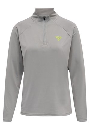 Pull-over à manches longues gris clair avec une demi-fermeture éclair, fabriqué à partir d'un matériau lisse ; présente un petit logo vert sur la poitrine gauche.