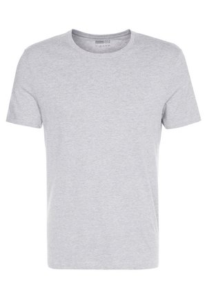 Graues Baumwoll-T-Shirt mit Rundhalsausschnitt, kurzärmlig und schlichtem Design, das eine weiche, glatte Textur aufweist und keine sichtbaren Muster oder Verzierungen hat.