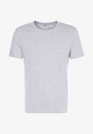 Szara bawełniana koszulka z okrągłym dekoltem, krótkimi rękawami i gładkim wzorem, charakteryzująca się miękką, gładką fakturą oraz brakiem widocznych wzorów czy ozdób.