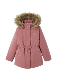 Pink parka jacket with a faux fur hood, drawstring waist, and gold accents. Features two front pockets and a printed inner lining.