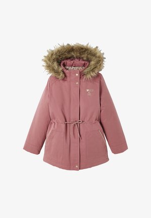 Pink parka jacket with a faux fur hood, drawstring waist, and gold accents. Features two front pockets and a printed inner lining.