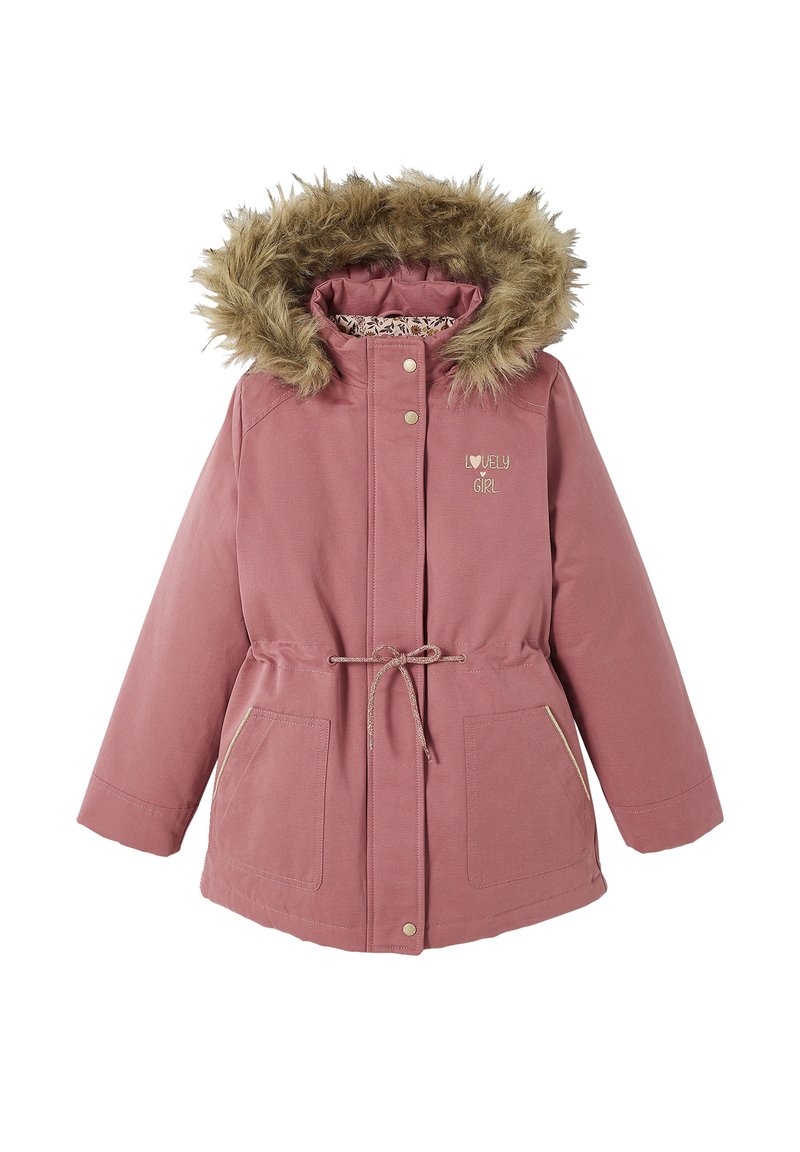 Pink parka jacket with a faux fur hood, drawstring waist, and gold accents. Features two front pockets and a printed inner lining.