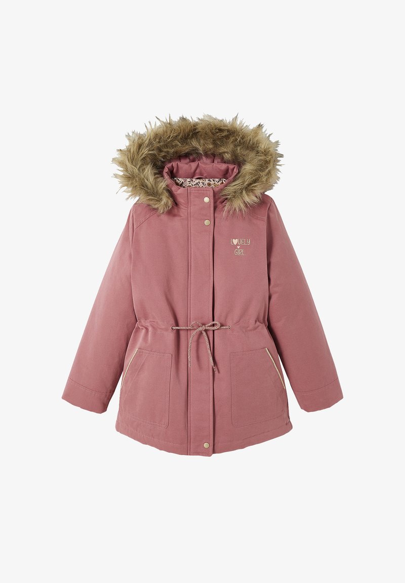 Rosa Parka-Jacke mit Kapuze aus Kunstfell, Kordelzug in der Taille und goldenen Akzenten. Sie verfügt über zwei Taschen vorne und ein bedrucktes Innenfutter.