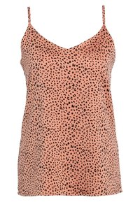Top de color durazno con escote en V, tirantes finos ajustables y un patrón de leopardo negro en toda la prenda. Tela suave y ligera.