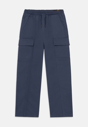 Mornarice cargo hlače z elastičnim pasom in vrvico, ki vključujejo dva stranska žepa in dva velika cargo žepa na stegnih. Gladka tekstura.