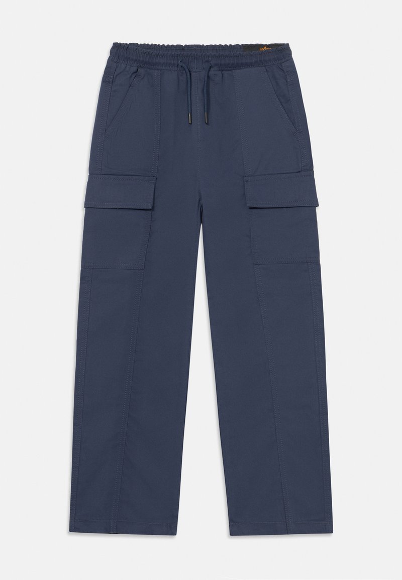 Mornarice cargo hlače z elastičnim pasom in vrvico, ki vključujejo dva stranska žepa in dva velika cargo žepa na stegnih. Gladka tekstura.
