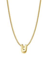 Zlatý náhrdelník s plochým dizajnom retiazky a pendantom v tvare písmena U. Hladký povrch a lesklý finiš zvyšujú jeho celkový vzhľad.