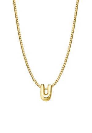 Zelta kaklarota ar plakanu, ķēdes posmu dizainu un U formas kulonu. Gluda tekstūra un spīdīgs apdare uzlabo tās kopējo izskatu.
