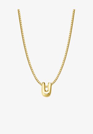 Collier en or avec un design de maillons de chaîne plats et un pendentif en forme de U. Sa texture lisse et sa finition brillante rehaussent son apparence générale.