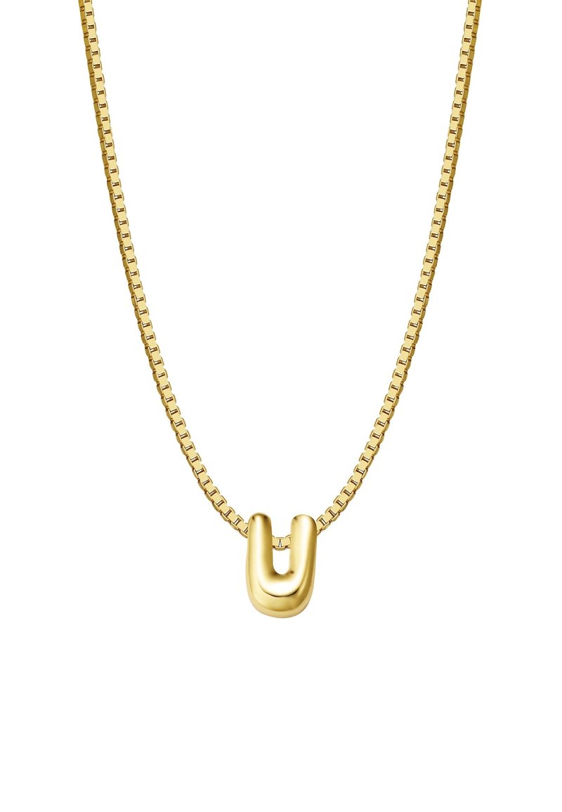 Zlatý náhrdelník s plochým dizajnom retiazky a pendantom v tvare písmena U. Hladký povrch a lesklý finiš zvyšujú jeho celkový vzhľad.