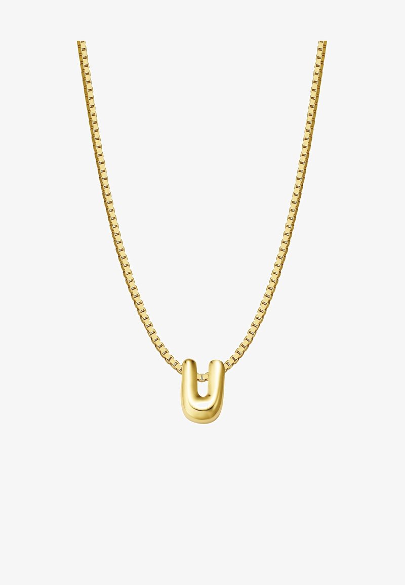 Zlatý náhrdelník s plochým dizajnom retiazky a pendantom v tvare písmena U. Hladký povrch a lesklý finiš zvyšujú jeho celkový vzhľad.