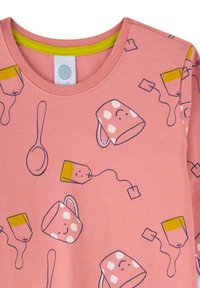 Rosa Langarmshirt mit einem verspielten Druck von Tassen, Löffeln und Teebeuteln in kontrastreichen Farben. Weicher Stoff mit rundem Ausschnitt.