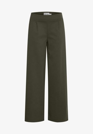 Dunkelgrüne, weit geschnittene Hose mit glatter Textur, ausgestattet mit einem elastischen Bund und zwei vorderen Taschen. Hergestellt aus weichem, dehnbarem Material.