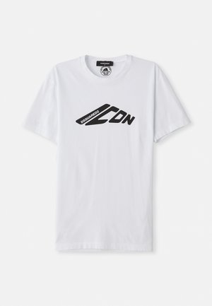 T-shirt en coton blanc à manches courtes et col rond. Présente un logo graphique noir, "DSQUARED2 CDN," sur la poitrine.